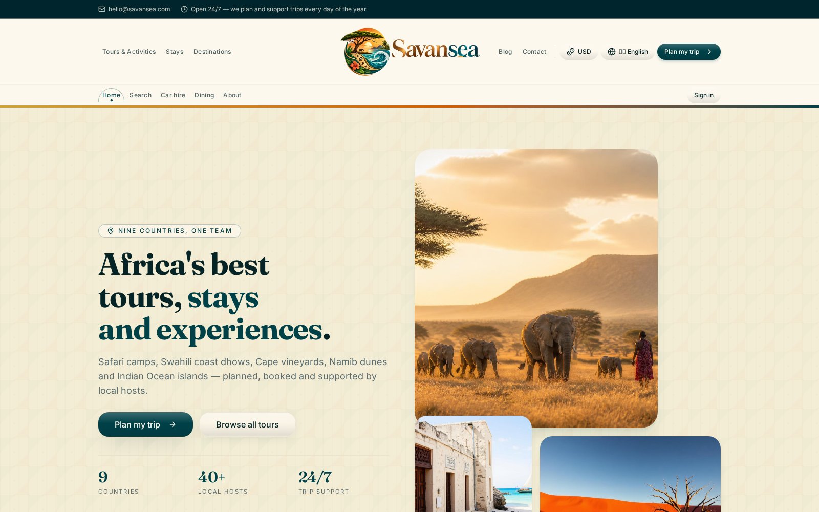 Savansea homepage with East African savanna hero and trip planning call to action