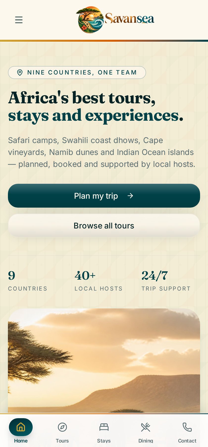 Savansea mobile homepage with native bottom tab navigation