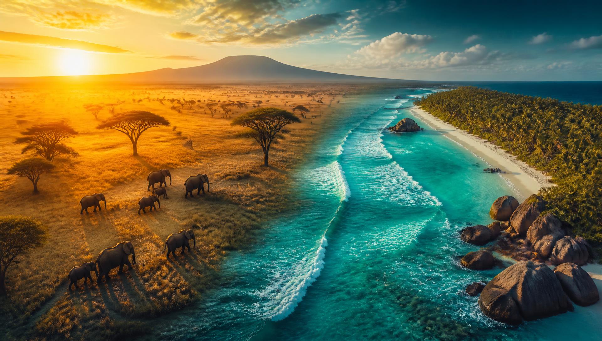 Camel caravan crossing Namib Desert dunes at sunset with Nairobi skyline beyond